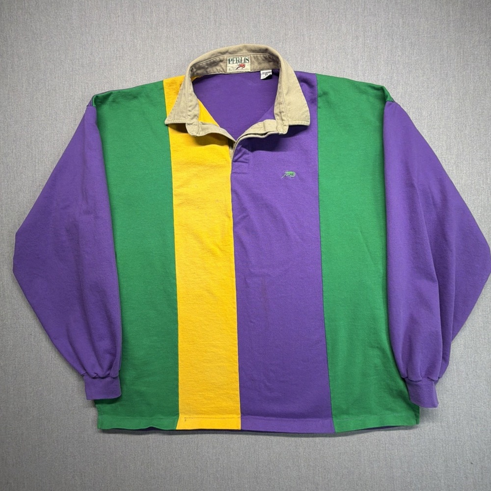 Vintage Perlis Rugby Shirt Men's 2XL Green Purple Yellow Mardi Gras Colorblock